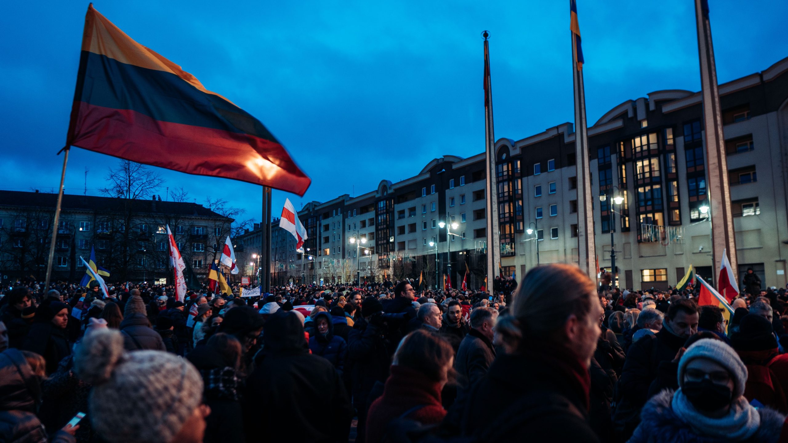 Galima matyti daug žmonių susibūrimą ir iškeltą Lietuvos trispalvę, pexels.com nuotr.